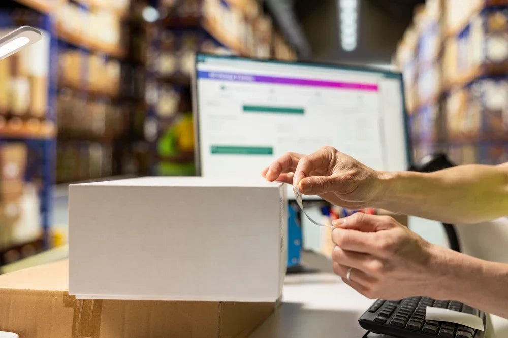 Worker taping up a box in a manufacturing facility